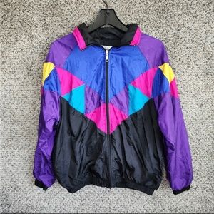 Vintage JS Authentic Windbreaker Womens Medium 90s Full Zip Colorful Lined